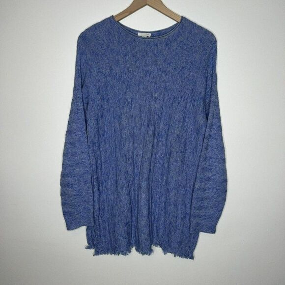 J Jill Blue Tunic Sweater Dress Fringe Hem Button Back M - Picture 1 of 4